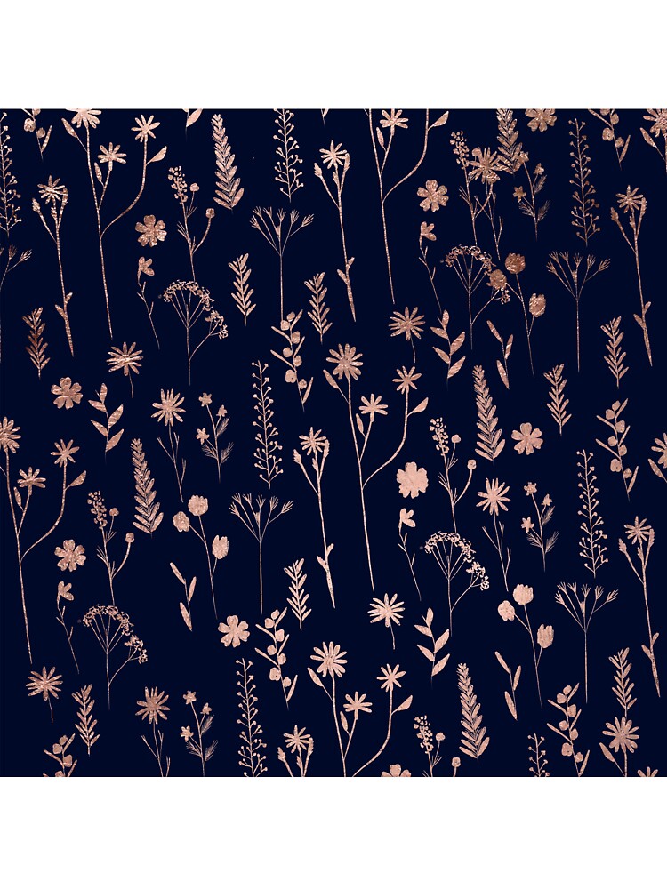 Hand drawn rose gold cute dried pressed flowers illustration navy blue by GirlyTrend