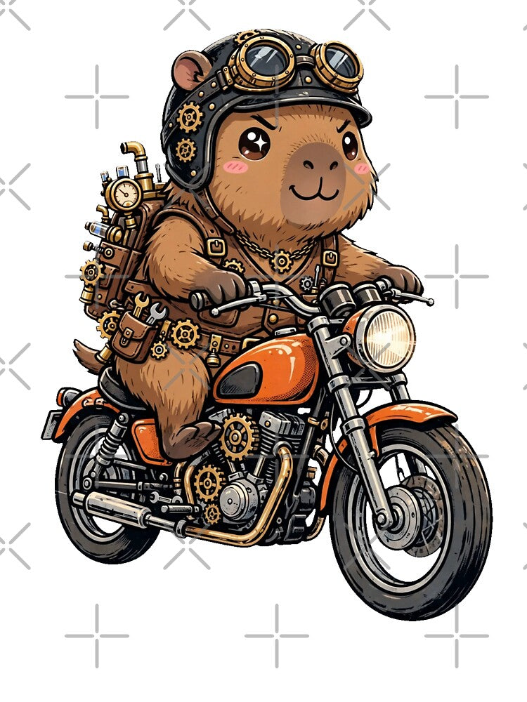 Cute Steampunk Capybara Biker - Brown Capybara Riding Orange Motorcycle with Helmet by Ala'Salem| Cute Characters, Real Moods