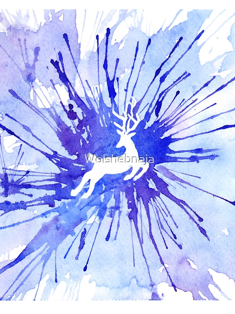 Winter dance Jumping deer on watercolor splashes by Wolshebnaja
