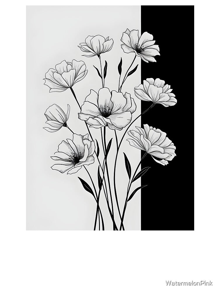 Black And White Delicate Flower Design, Botanical Illustrations, Black and White Artwork by WatermelonPink