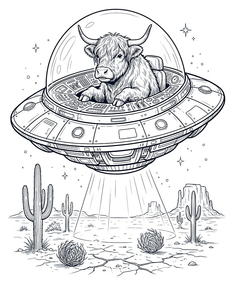 Vintage Highland Cow Riding UFO Animal Lover by DoodleTortle
