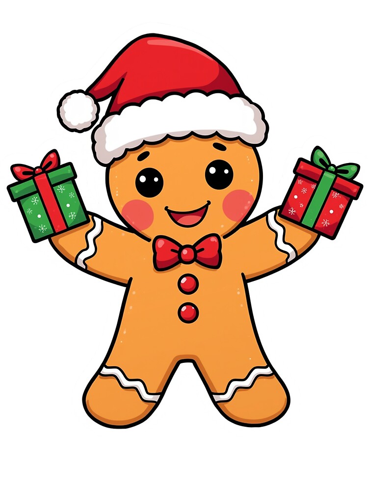 Cute Gingerbread Man with Santa Hat and Christmas Gifts – Adorable Holiday Illustration in Chibi Style by PixelVibe782