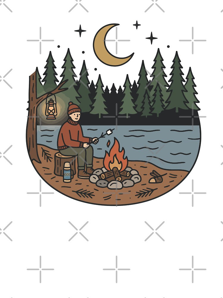 Campfire Night by the Lake Retro Camping Adventure by Mellow Doodle Co.