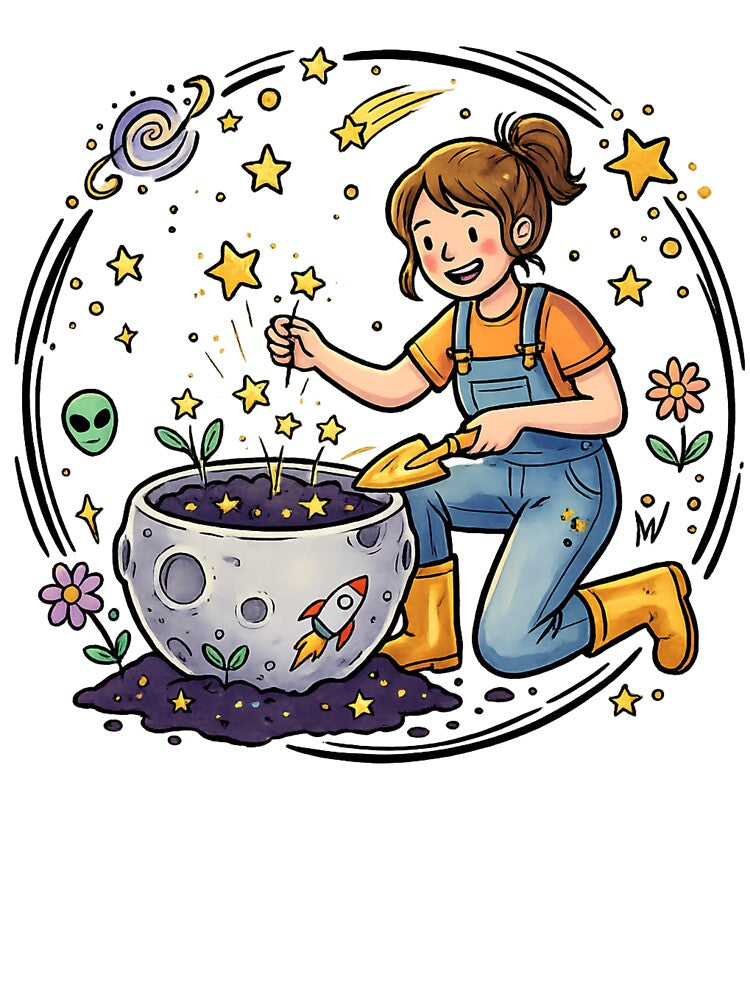 Cosmic Gardener Gift | Cute Space Gardening Art | Kawaii Plant Lover Illustration | Galaxy Garden Decor | Whimsical Botanical Design by Cosmic Doodle Co.