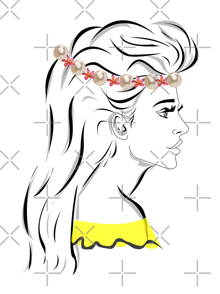 Line art pretty girl with long hair and eyelashes wearing hot yellow off shoulder dress and flowers pearl crown by SGS-