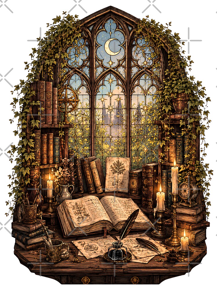 Enchanted Study Nook - Moon Window Gothic Library Dark Academia by Neurospicy Trolls