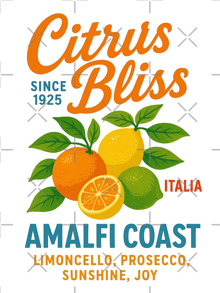 Citrus Bliss Amalfi Coast | Vintage Italian Citrus Fruit Design | Retro Limoncello Art for T-shirts, Mugs, Stickers & More by 5CatDesign