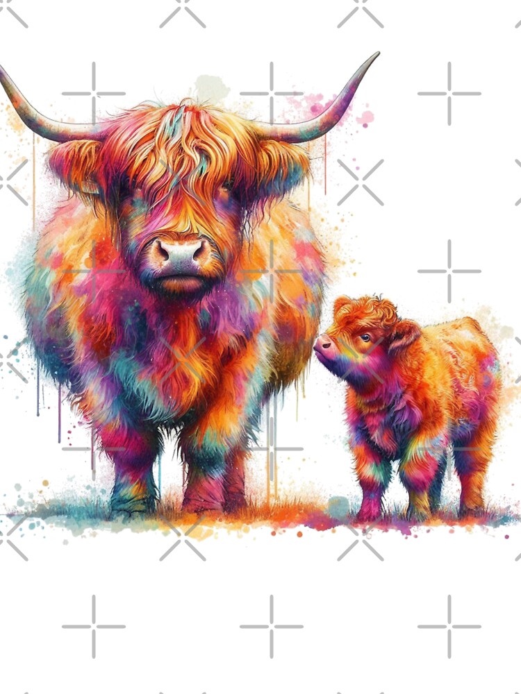 Scottish Highland Cow and Calf Colorful Watercolor by MaedK