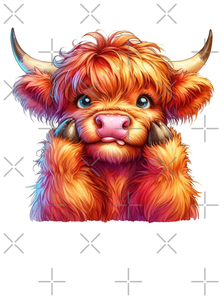 Cute Scottish Baby Highland Cow Calf Pulling Funny Faces Colorful Watercolor by MaedK