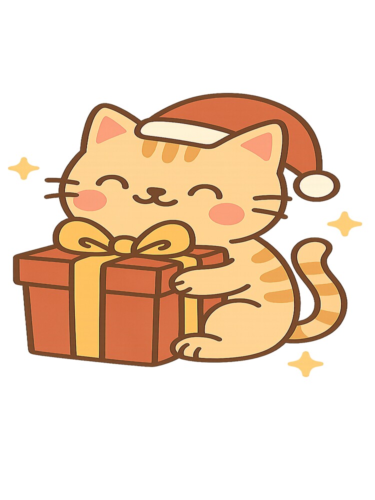 Cute Kawaii Christmas Cat With Gift – Festive Holiday Kitty Illustration by StyleLap
