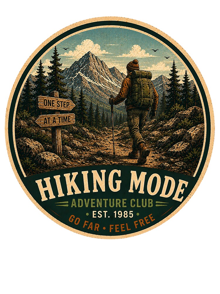 HIKING MODE Retro Badge – Vintage Adventure Graphic by Mac Sketches