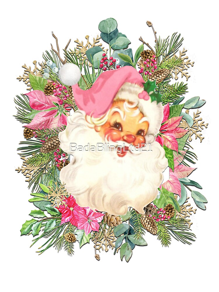 Vintage Inspired Pink Santa Claus surrounded by winter florals by BadaBlingLtd21