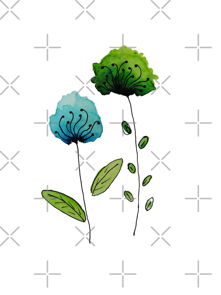 Watercolor Wildflowers Blue Green Floral Wall Art by Little Bloom Studio