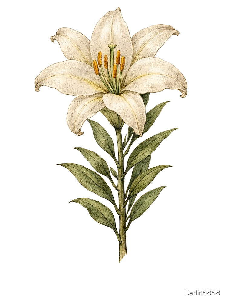Vintage White Lily Botanical Illustration - Antique Flower Print by Darlin8888