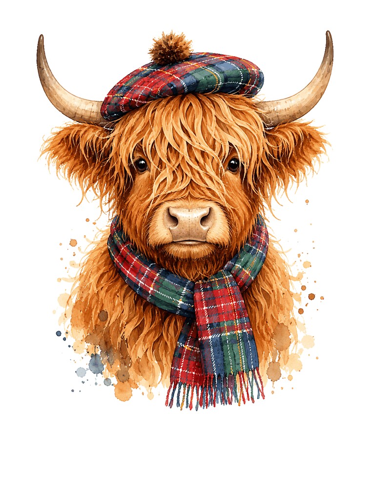 Adorable Scottish Highland Cow Watercolor Cartoon Rustic Farm by Moizento