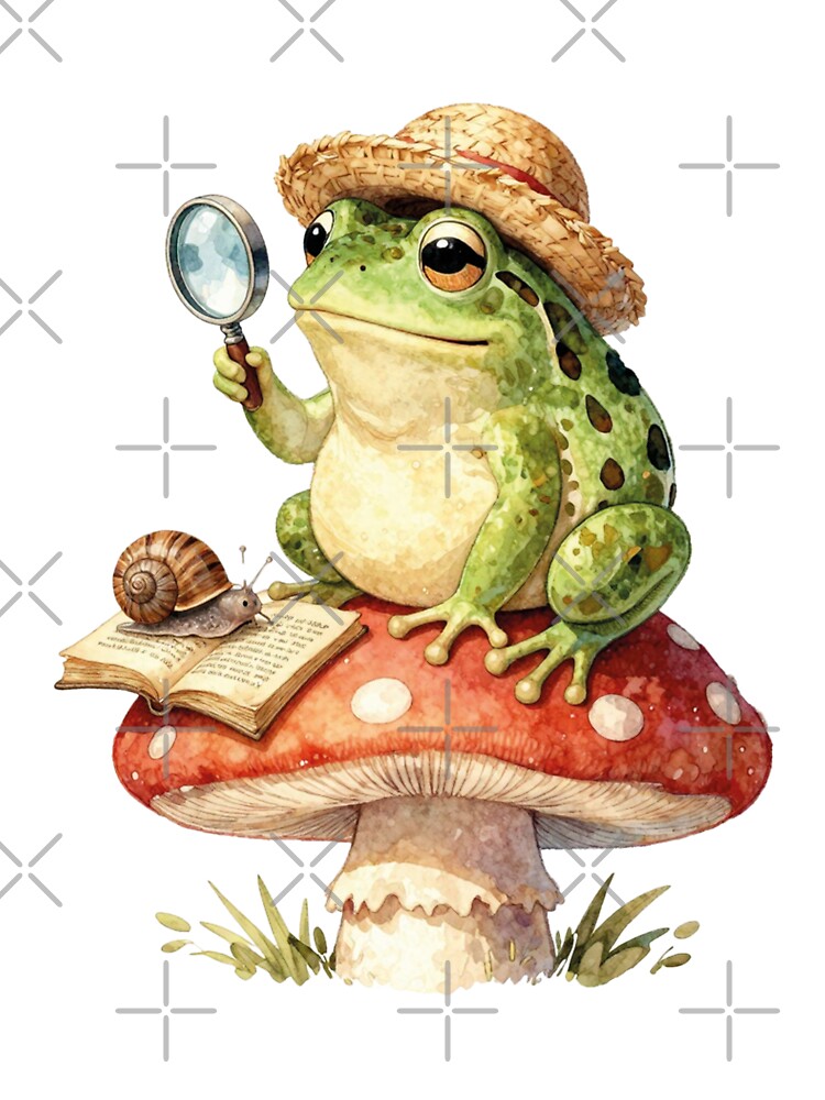 Cute frog detective reading book watercolor illustration by WildArtIT