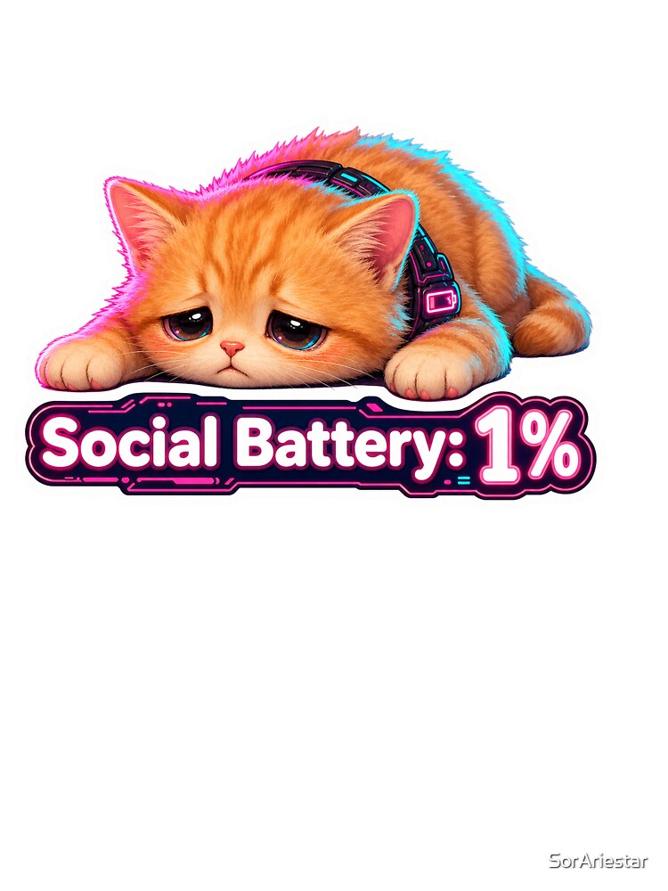 Social Battery 1% Cyberpunk Cat Sticker by SorAriestar