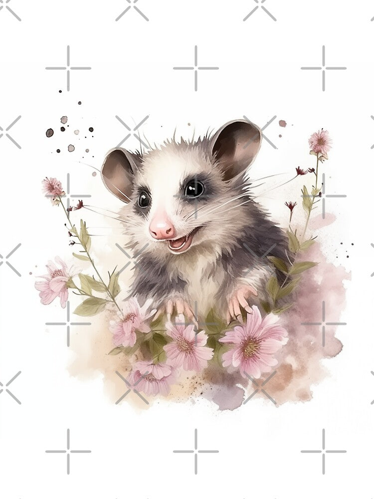 Cute watercolor opossum in pink flowers by irashpi