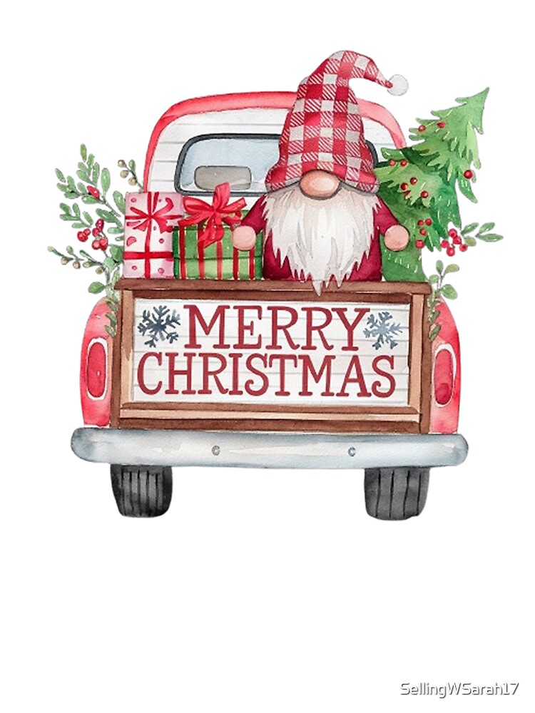 Watercolor Red Vintage Truck with Christmas Gnome & Tree by SellingWSarah17
