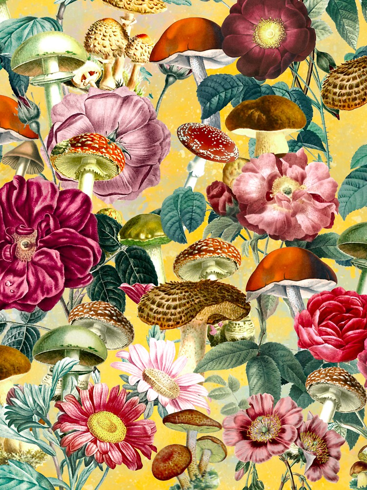 Vintage mushrooms and florals garden, shrooms and fungi, botanical pattern, mushrooms illustration, seamless pattern, yellow pattern trendy by ZeinabTaha