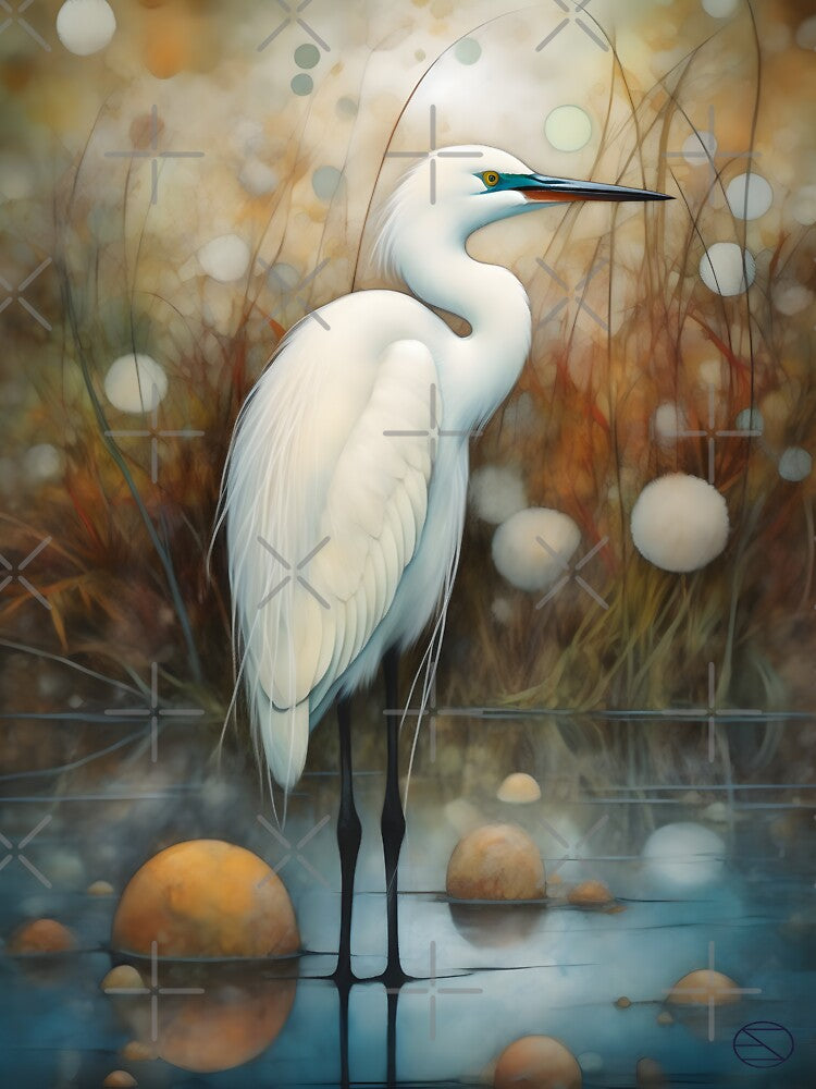 Nature Lover's Essential: Egret in Grass Wildlife Art by SaffronPepper