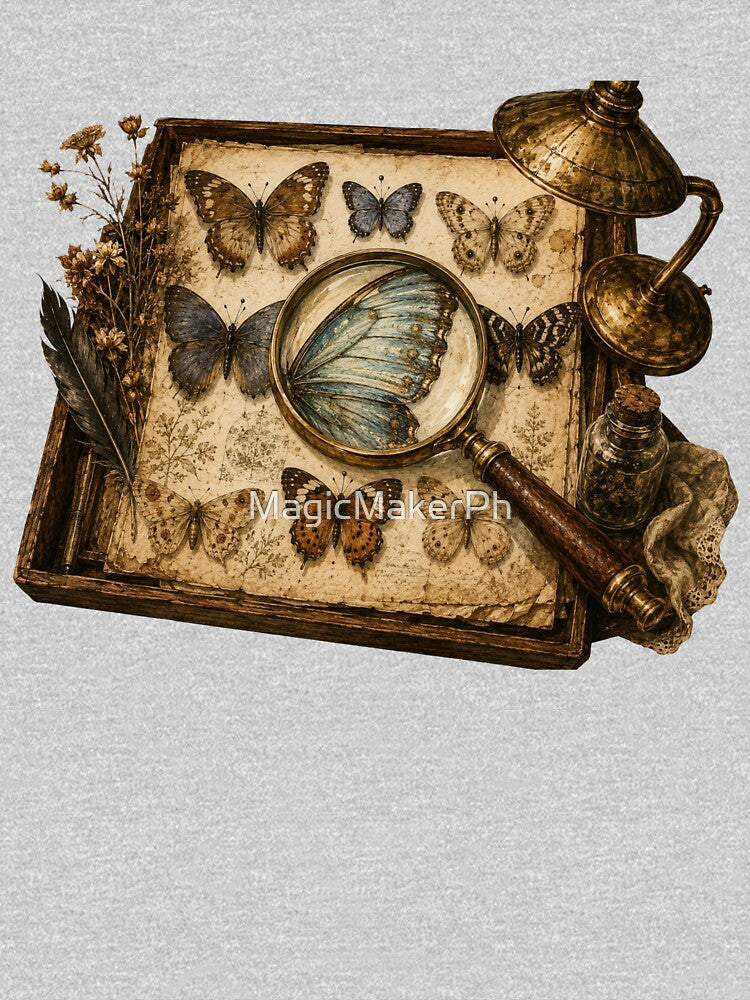 Vintage Magnifying Glass Butterfly Print – Antique Naturalist Desk Art by MagicMakerPh