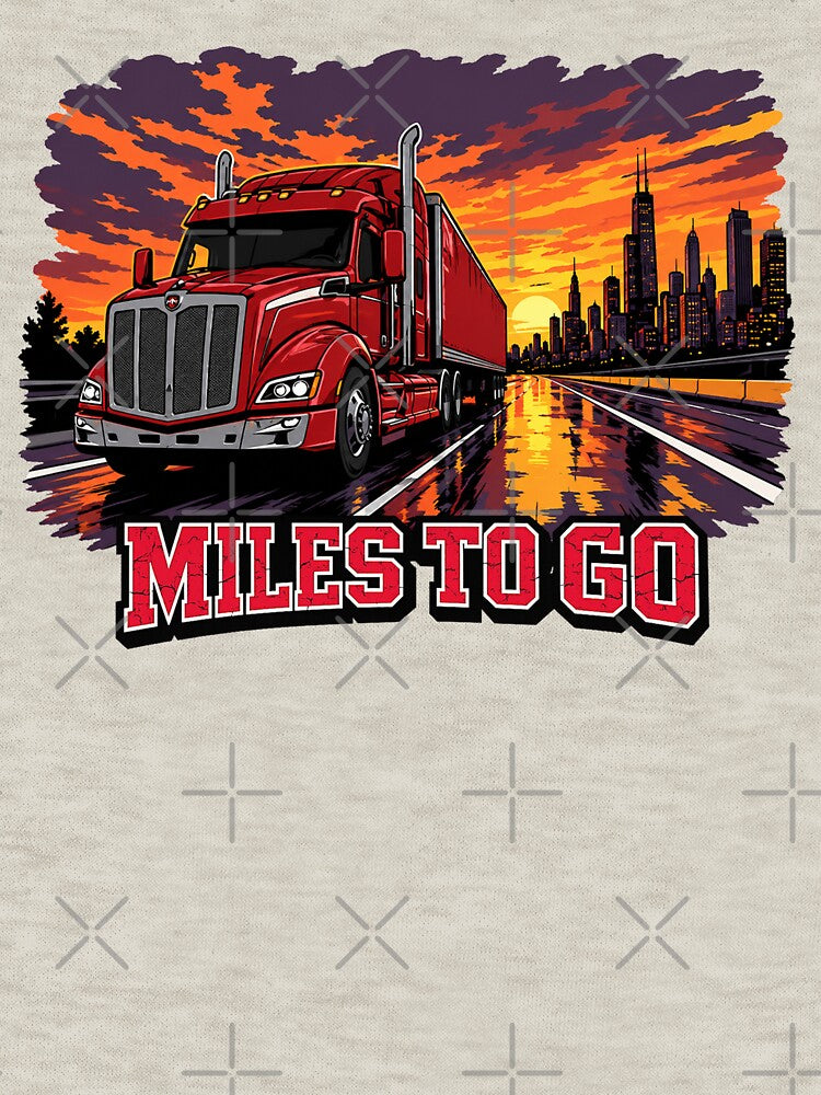 Miles To Go - Red Semi Truck Sunset City Skyline Art by NomadForge