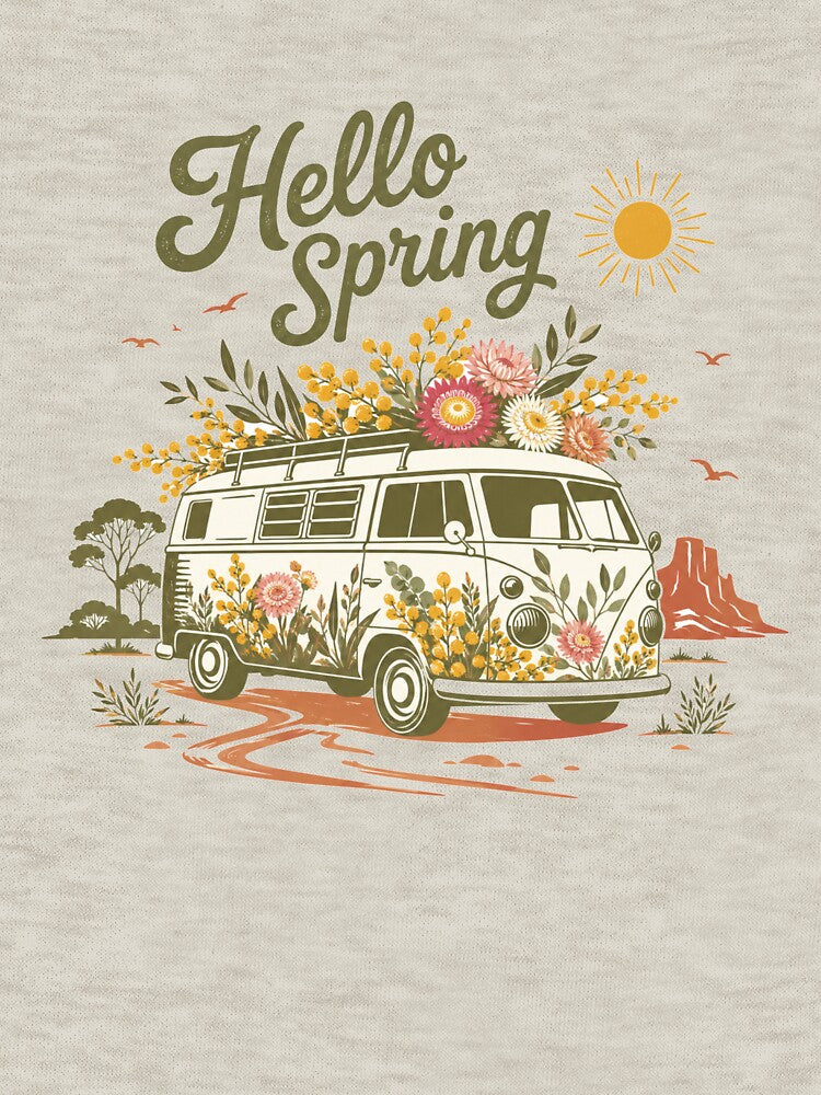 Hello Spring Aussie Kombi Van Golden Wattle Paper Daisy Flower Van Outback Gift by Yellowriversss