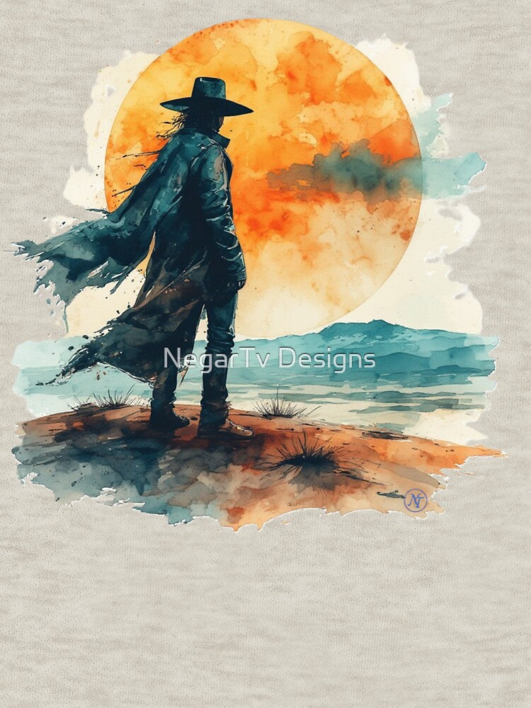 Lonely Cowboy at Sunset – Western Aesthetic Watercolor Illustration by Negartv designs by NegarTv Designs