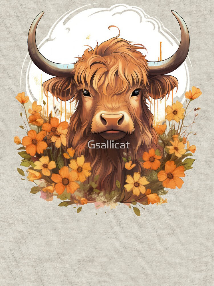 Cute Boho Floral Highland Cow with Orange Flowers by Gsallicat