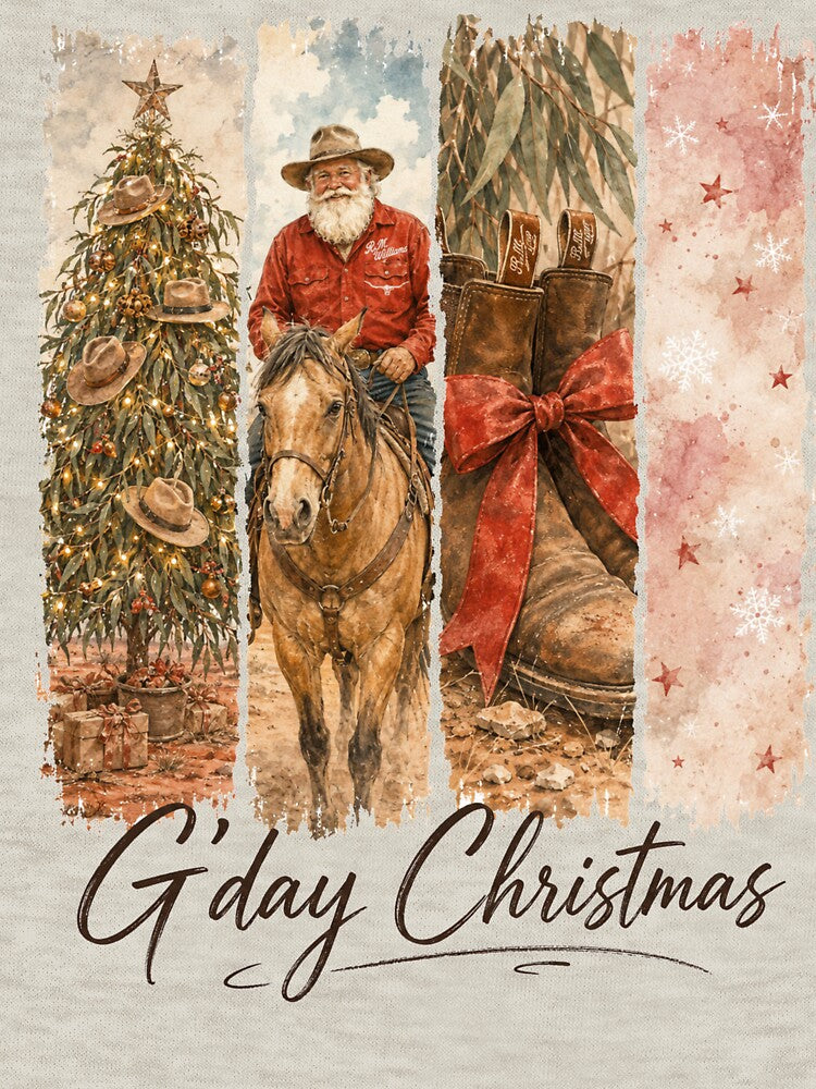 G'day Christmas Aussie Country Christmas Cowboy Santa Tee Gum Tree Cowboy Horse Boots Australia by Yellowriversss