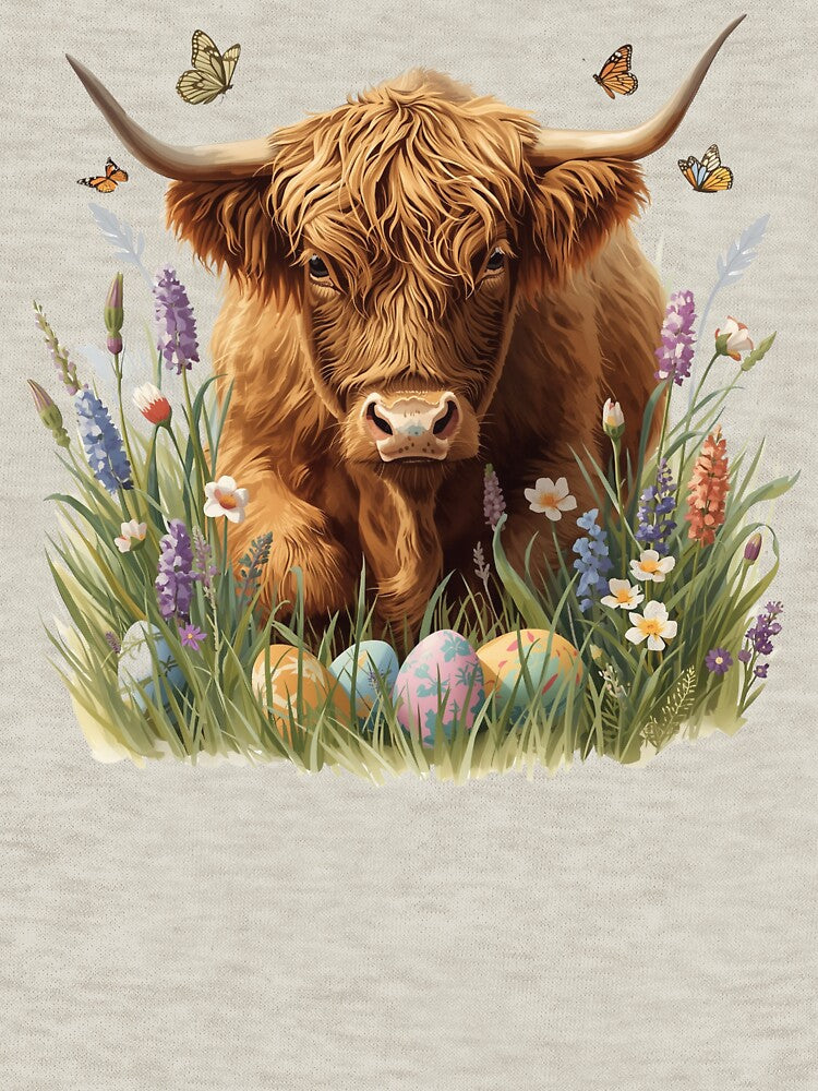 Highland Cow Easter Egg Hunt – Cute Spring Highland Cow with Butterflies by Willow & Ink