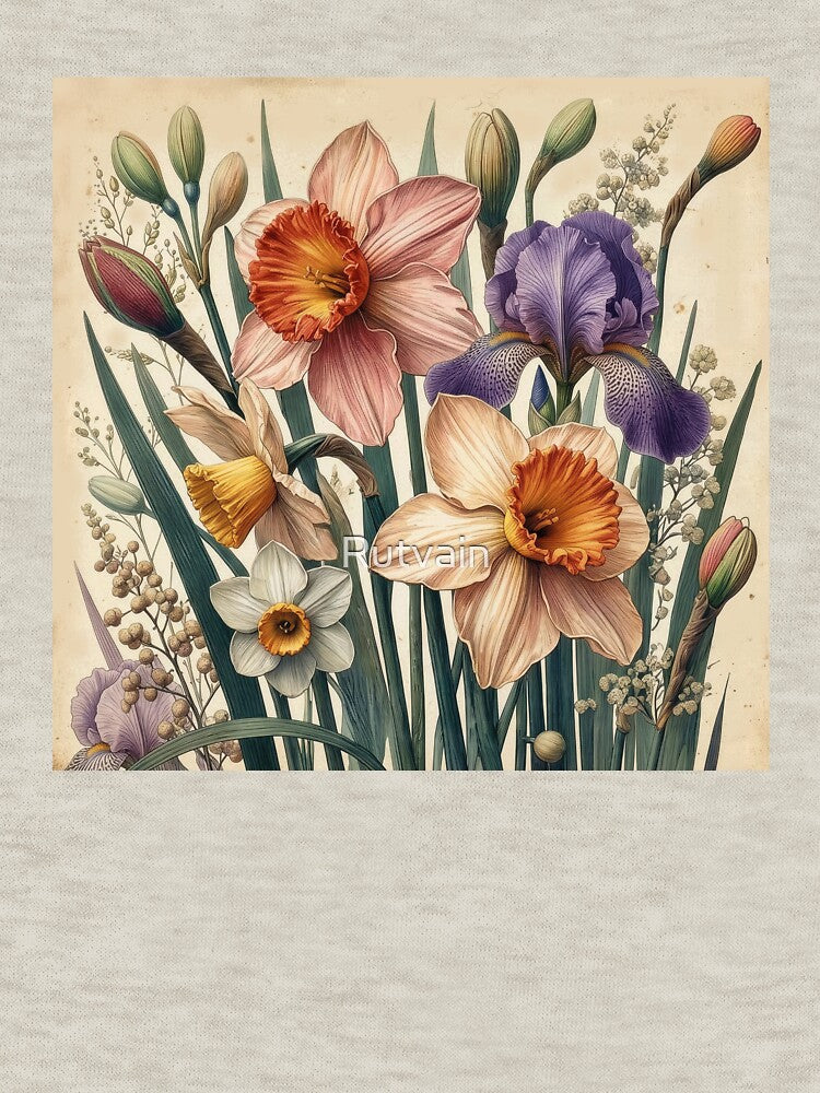 Vintage Narcissus and Iris Botanical Illustration by Rutvain