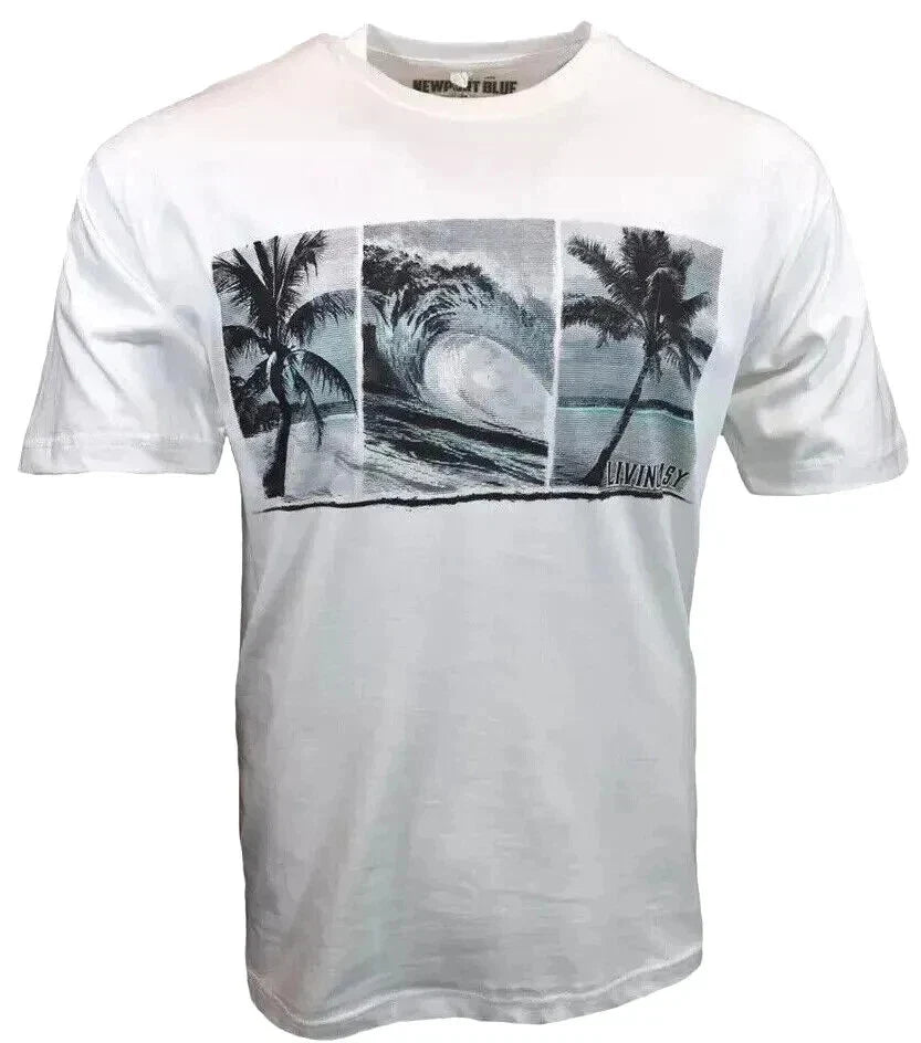 Mens T Shirt-Newport Blue- Size Medium-Palm Trees-Happy Hour-permeant vacation Unisex