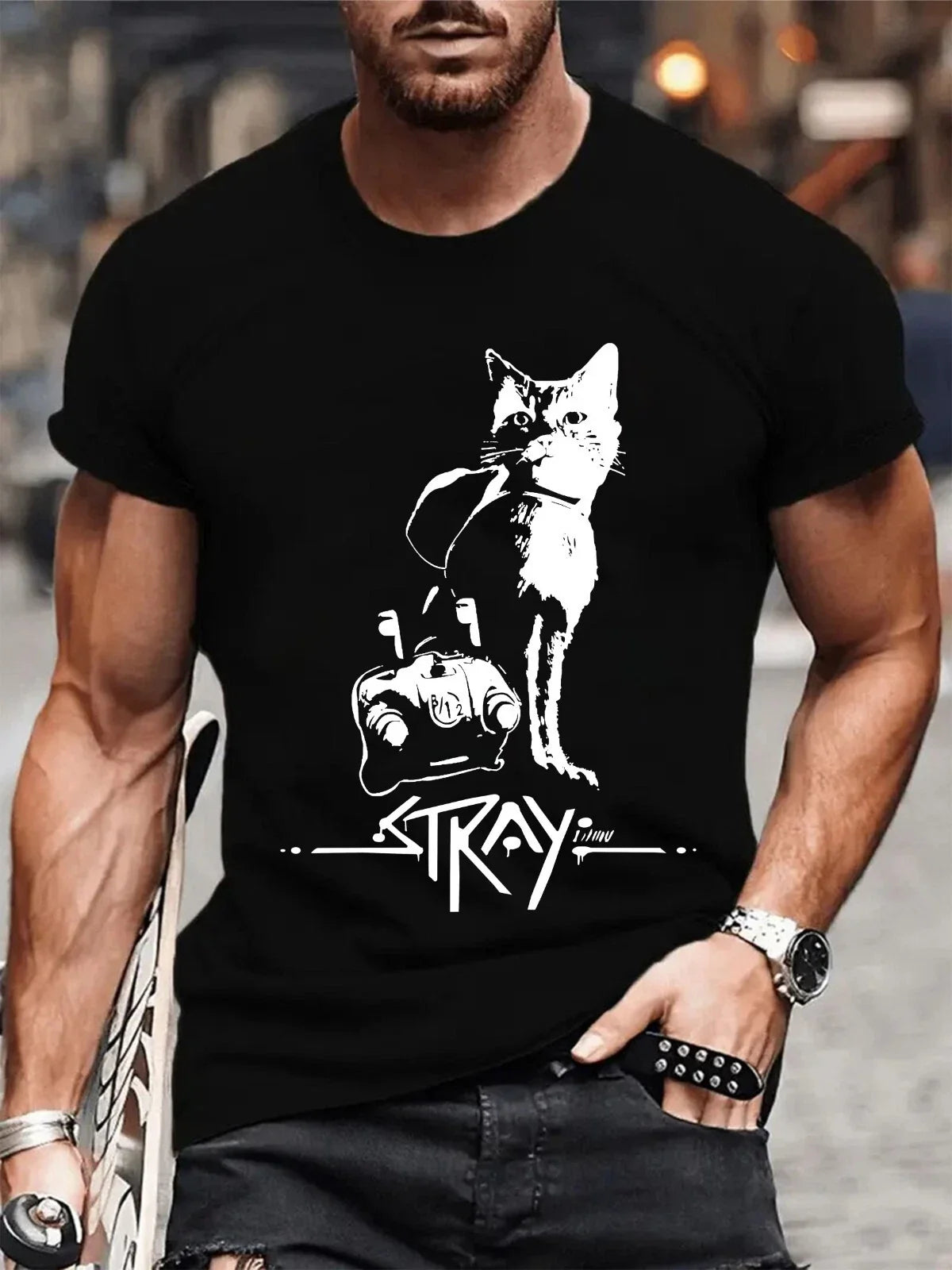 Stray Cat Retro 80s Style Cat Lover Vintage Rockabilly Cat Gift Tee Top Unisex