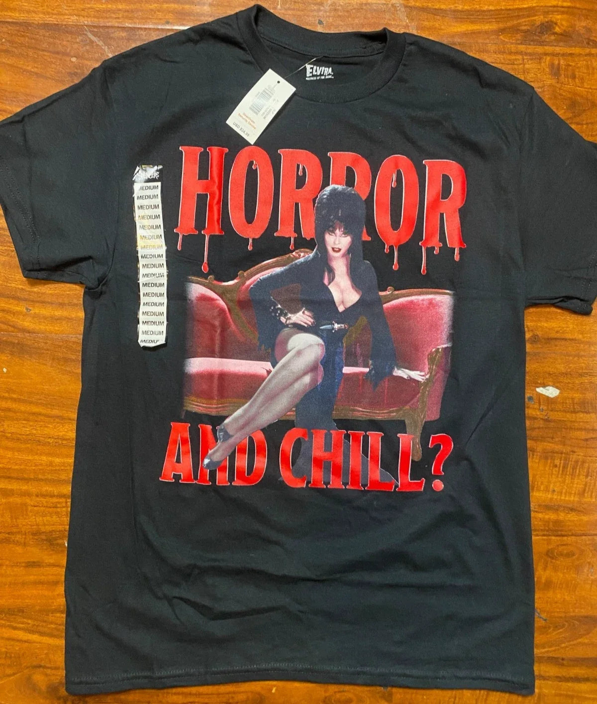 ELVIRA Mistress Of The Dark SEXY "Horror and Chill?" Black Graphic Tee- NWT Unisex