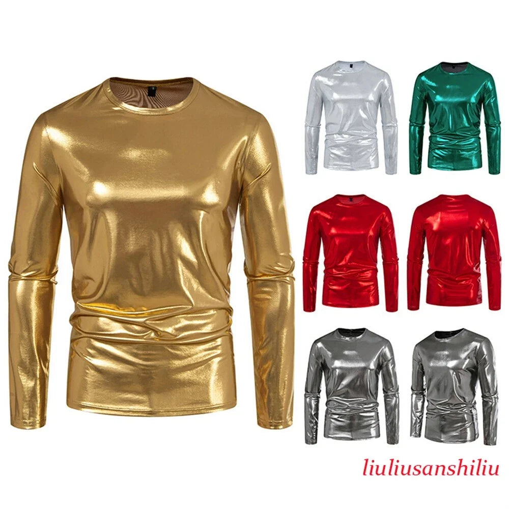 Men's Shiny Long Sleeve Classic Slim Round Neck Shirts Stage Party Tops Unisex