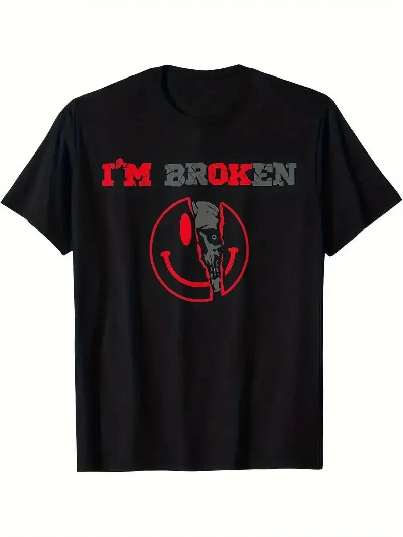 Men's "I'm Broken" Skull Graphic - Black Cotton Crew Neck Tee with Red & Unisex