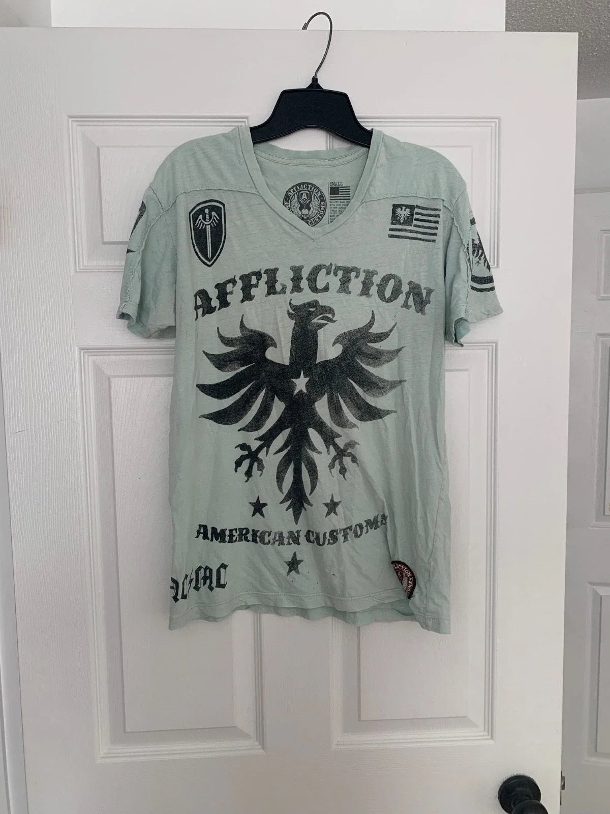 Affliction American Customs Small Faded Mint Green Distressed Tee Unisex