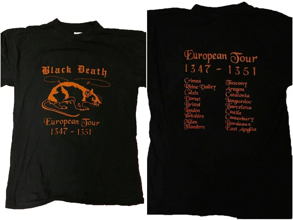 BLACK~DEATH EUROPEAN TOUR 1347-1351 VINTAGE 80'S 1980 T SHIRT RARE T SHIRT Unisex