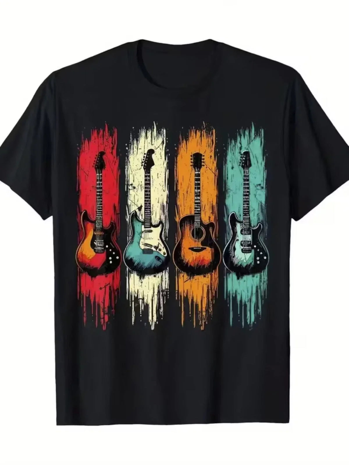 Men's Retro Music Tee - 100% Cotton Black with Vintage Guitar & Graphics Unisex