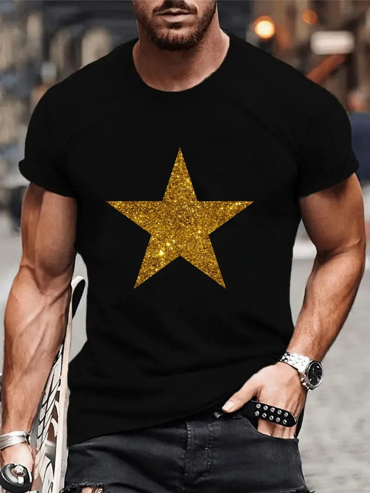 Printed Gold Glitter Star – Retro Music for Fashion & Collectors Tee Top Unisex