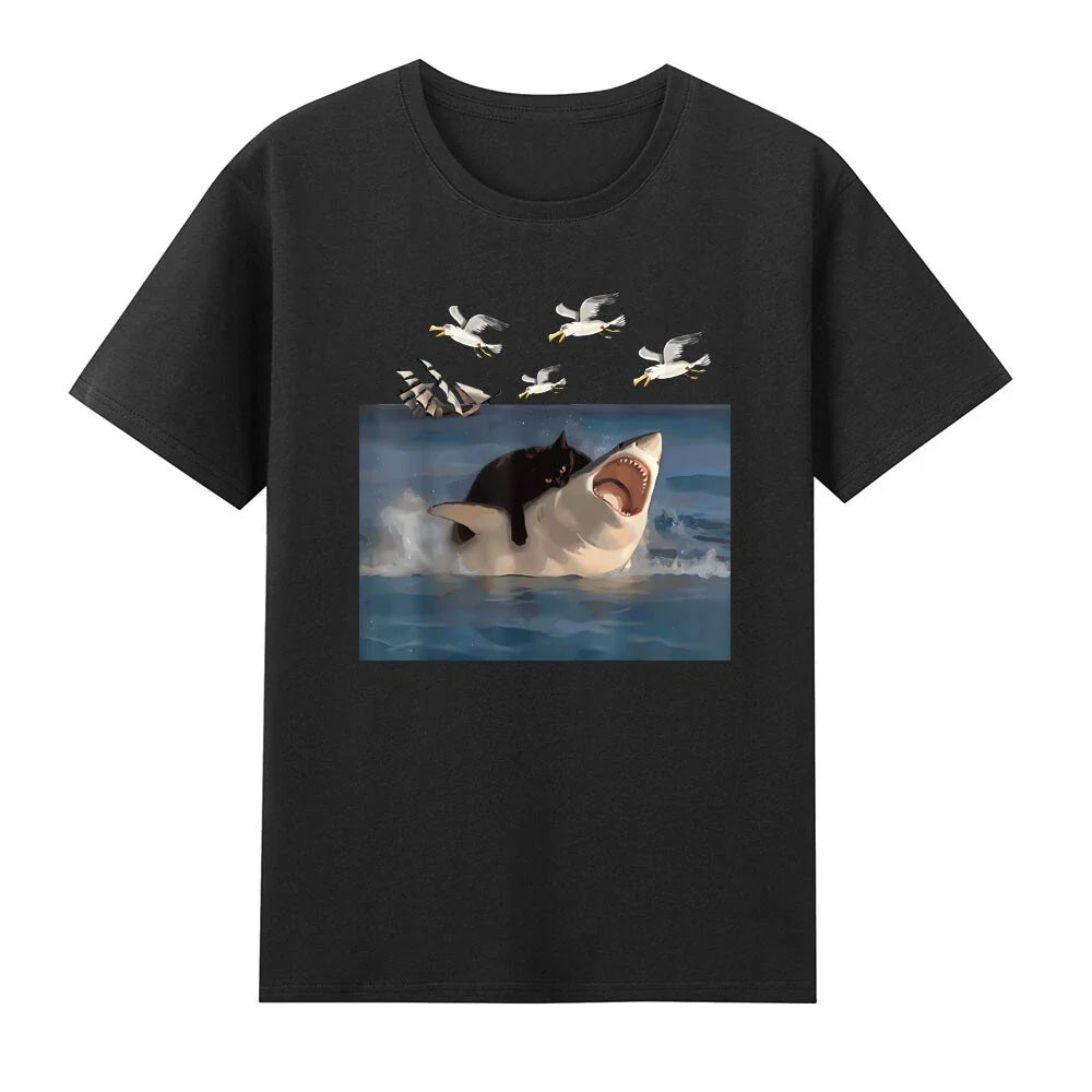 Cat Biting Shark Funny Cat And Shark Graphic Meme Unisex
