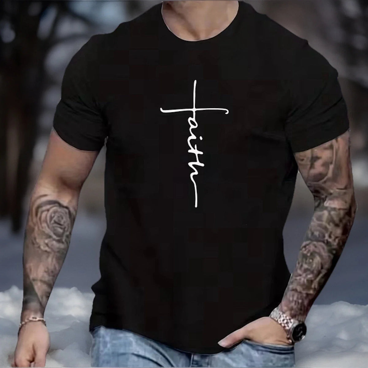Black w/white Faith/Cross Graphic Fashion Short Sleeve; XL only; 100% Cotton;NEW Unisex