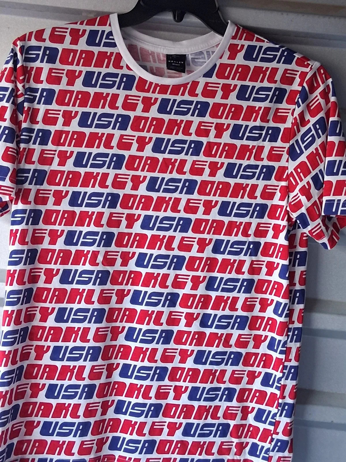 Vintage Oakley Shirt Mens Medium Red Blue Allover AOP USA Custom Fit Graphic 90s Unisex