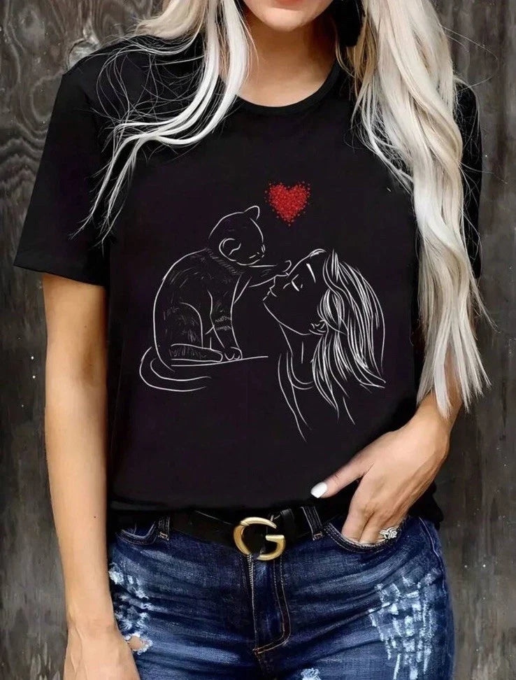 Cat Heart Graphic T shirt Large Black 100% Cotton Top Kitty Love NEW Minimalist Unisex