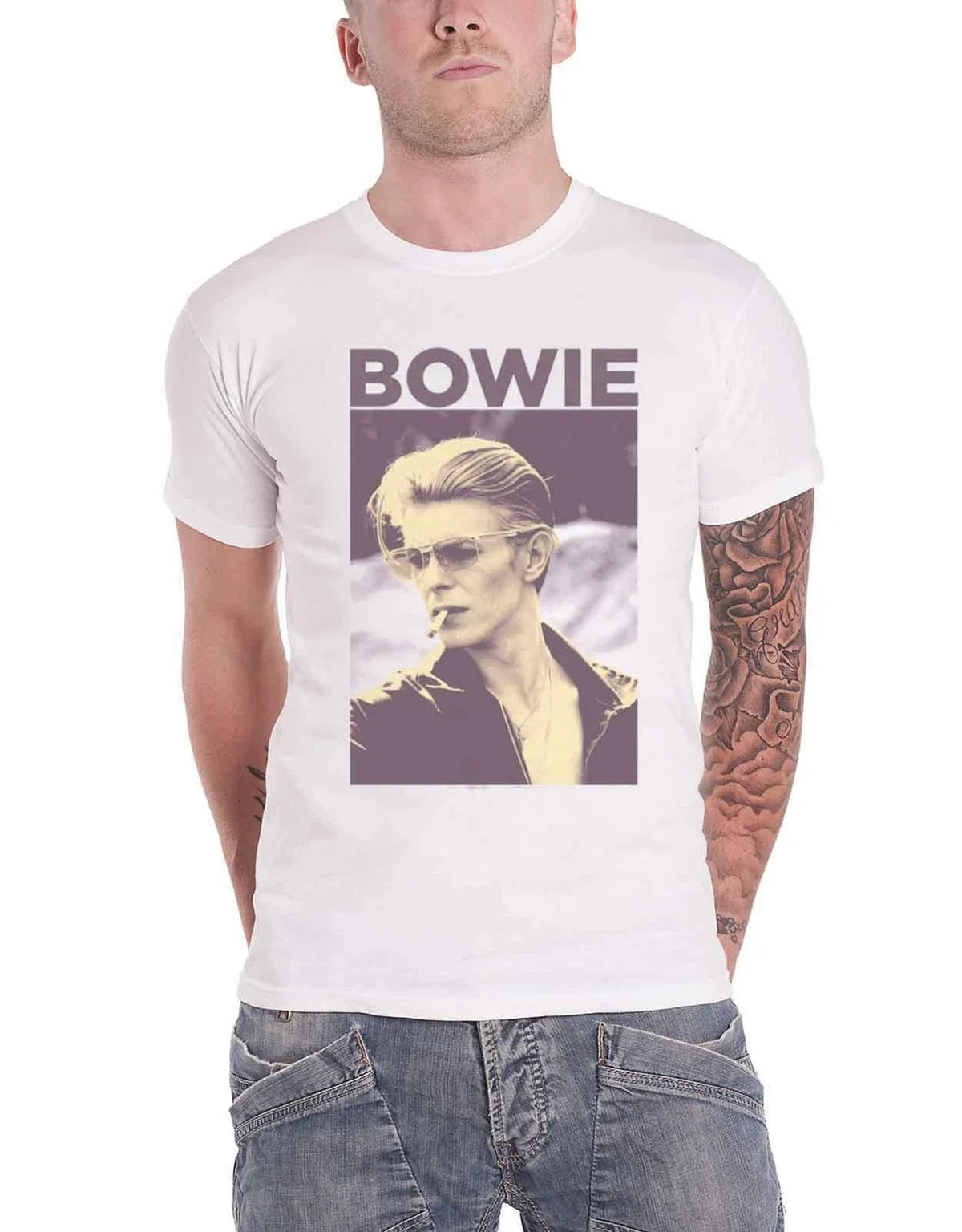 David Bowie T Shirt Vintage Retro Smoking Pose Logo Official Mens New White Unisex