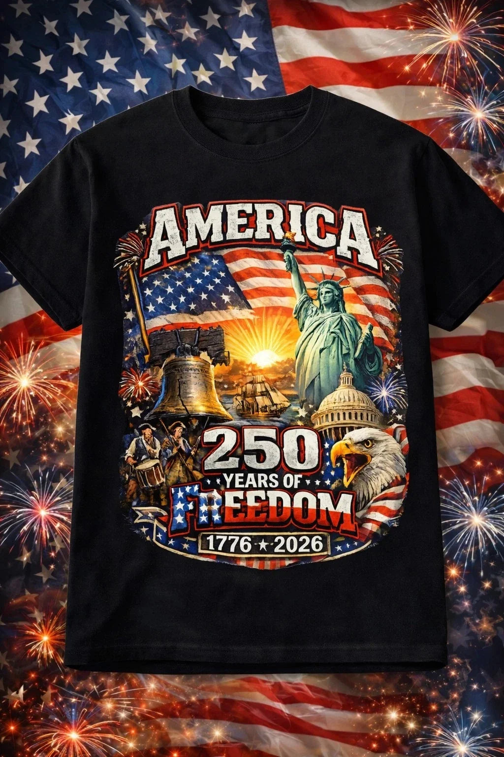 America 250 Years Freedom Shirt 1776-2026 Patriotic USA Flag July 4th Tee Unisex
