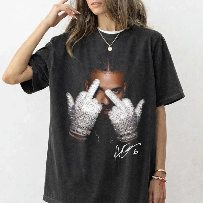 Drake Middle Finger Rhinestone Glove Shirt, Rapper Graphic Tee, Hip Hop Vintage Unisex