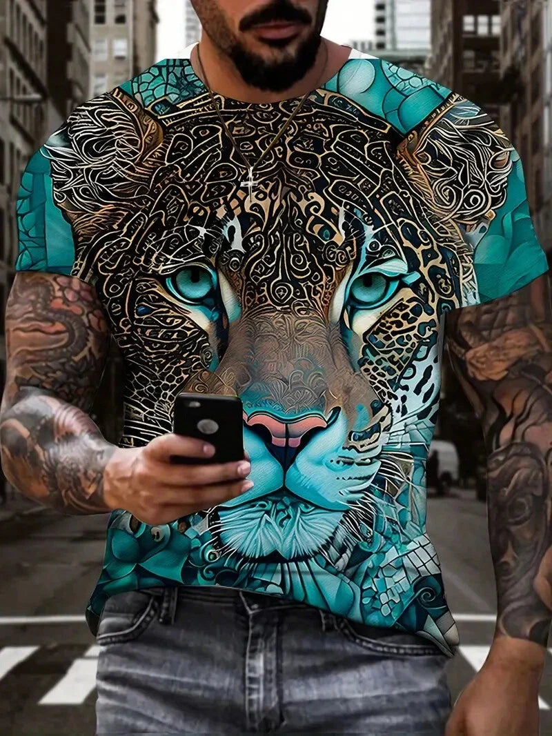 T Shirt Men Leopard Teal Blue Graphic Print Fashion Short Sleeve Lightweight Tee Unisex